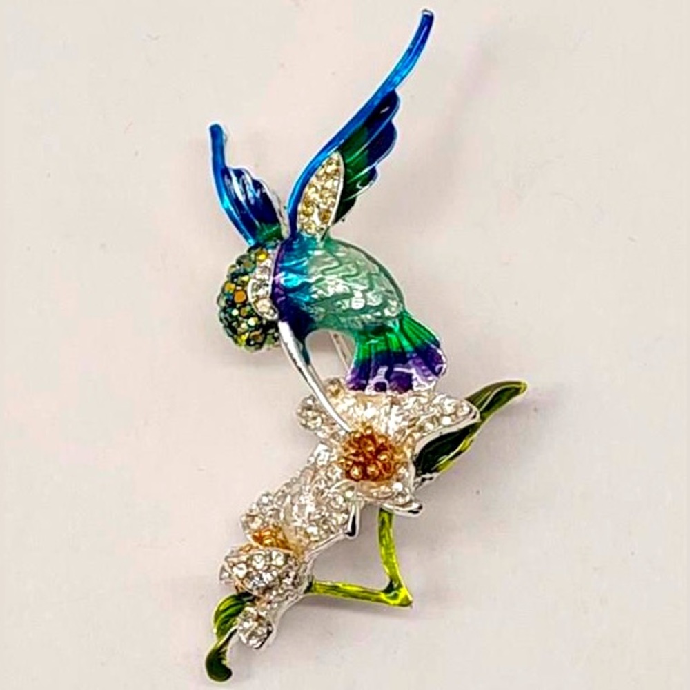 Napier Vintage Hummingbird Flower Brooch Silver Tone Multicolor Rhinestone
